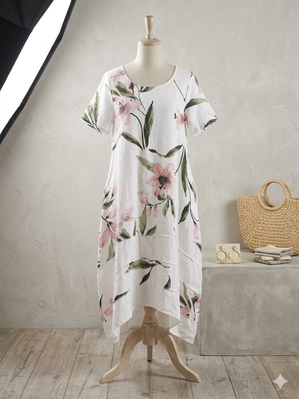 White High-Low Floral Linen Dress with Pink Blossoms